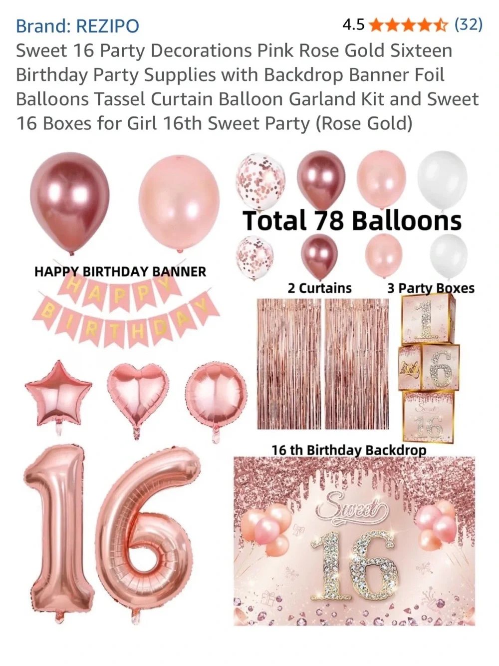 Sweet 16 Party Decoration Kit - Rose Gold Pink
